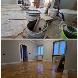 Na górze: wnętrze po remoncie. Na dole: to samo wnętrze pięknie wysprzątane z odnowionym błyszczącym parkietem