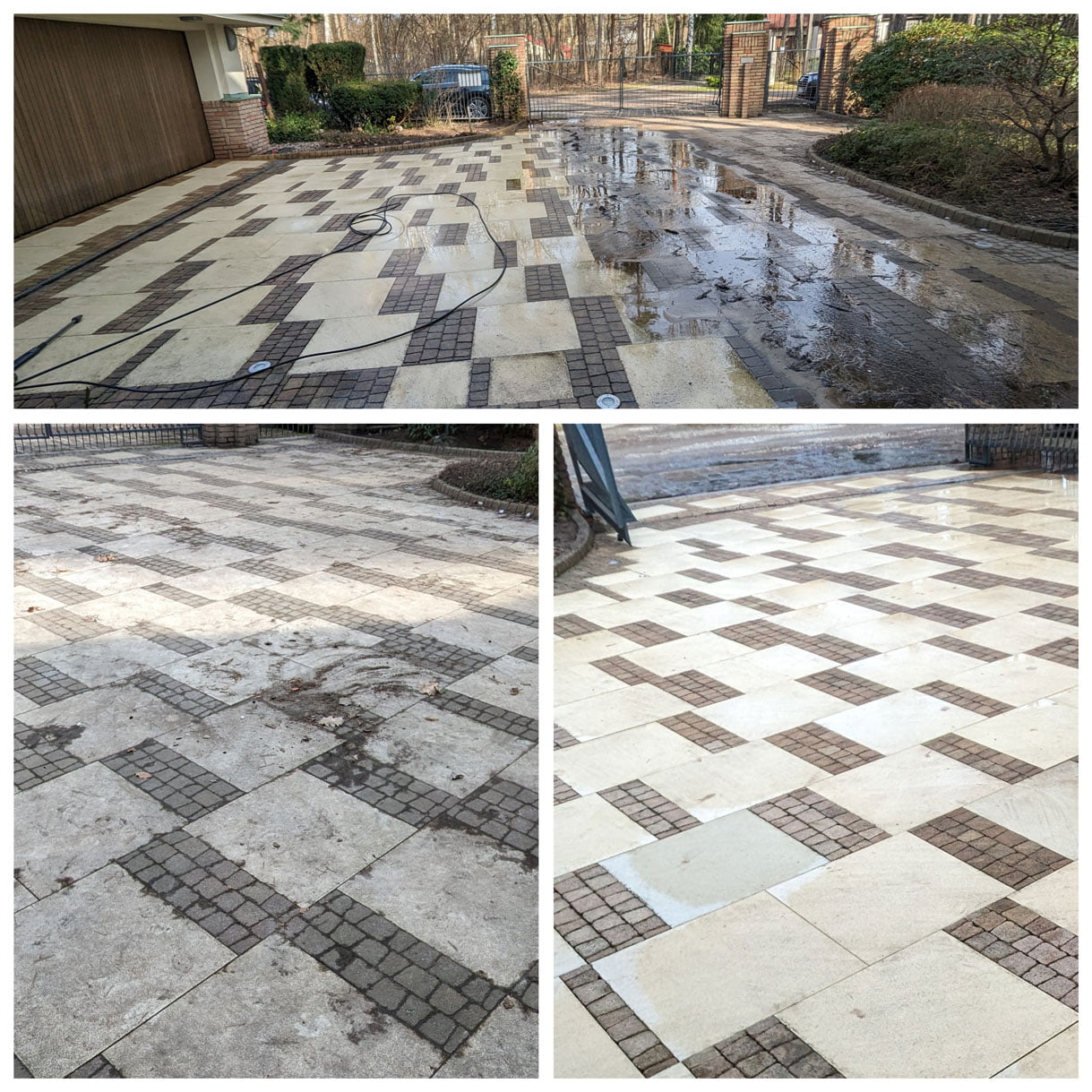 Biało brązowa posadzka z terakoty w trakcie czyszczenia i mycia ciśnieniowego. Efekt po czyszczeniu: powierzchnia jasna i czysta.