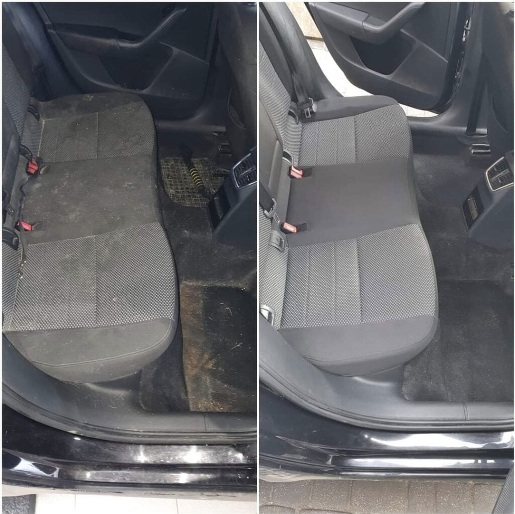 Szara tapicerka na tylnym siedzeniu pasażerów w samochodzie - silnie zabrudzona (z lewej) oraz jak nowa - po wypraniu przez firmę Solid Work (z prawej)