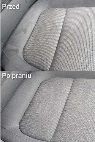 Jasna tapicerka samochodowa silnie poplamiona (u góry) oraz jak nowa - po wypraniu przez firmę Solid Work (na dole)