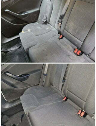 Jasna tapicerka samochodowa silnie poplamiona (u góry) oraz jak nowa - po wypraniu przez firmę Solid Work (na dole)