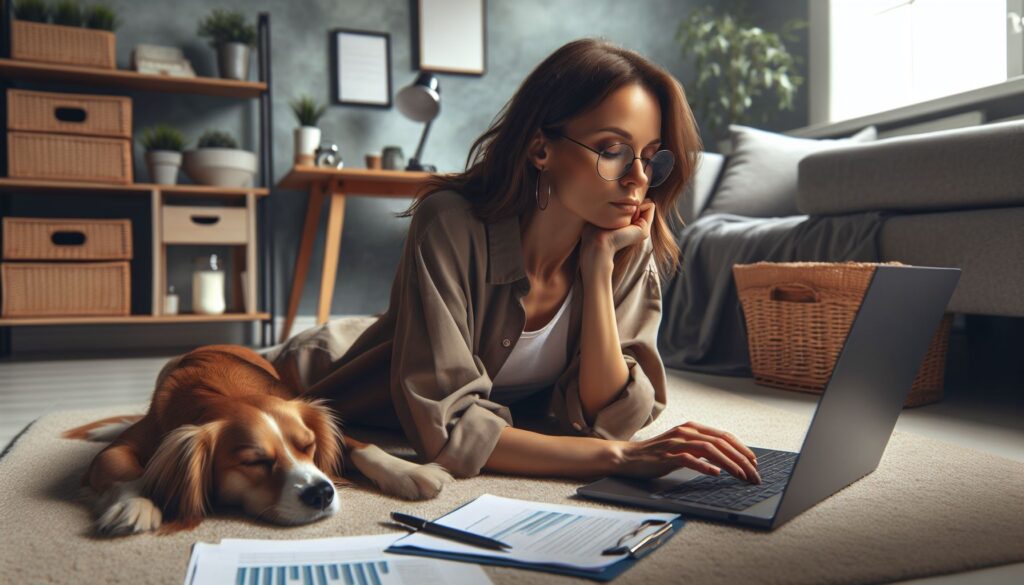 Młoda dziwczyna pracuje na komputerze leżąc na dywanie, obok śpi pies