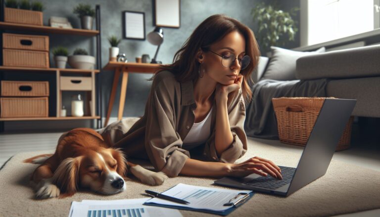 Młoda dziwczyna pracuje na komputerze leżąc na dywanie, obok śpi pies