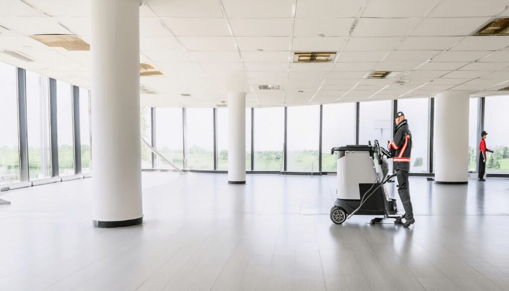 Duża hala, jasna i przestronna w trakcie sprzątania profesjonalnym sprzętem