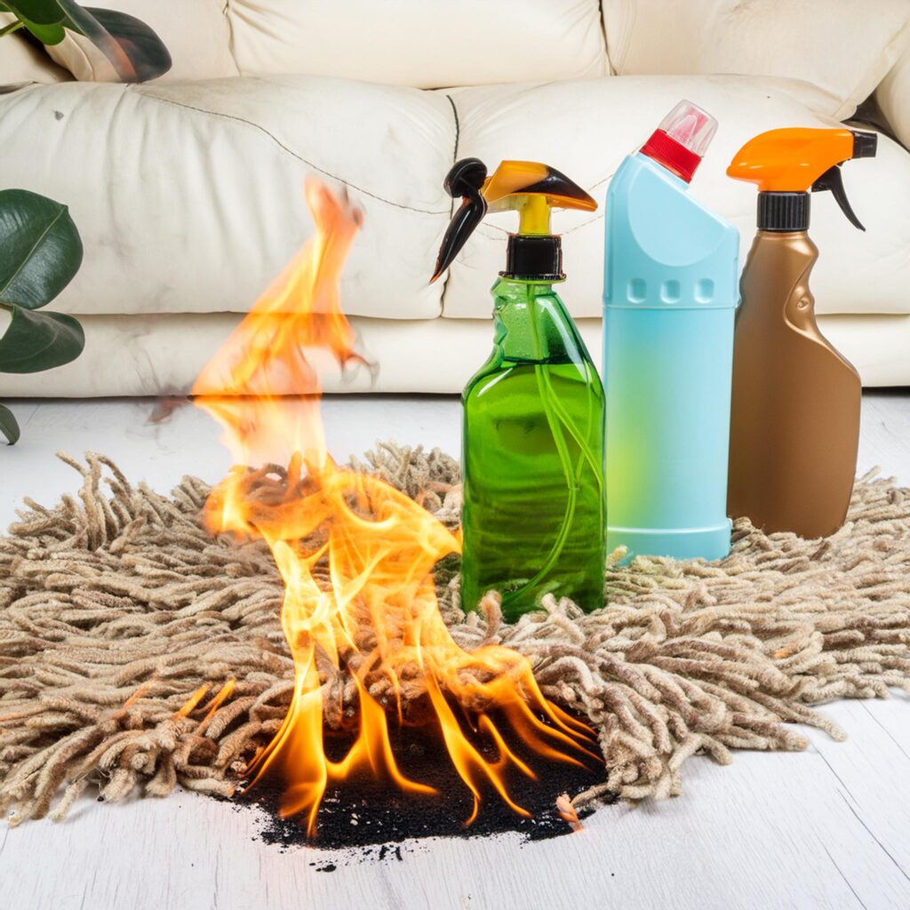 Płonący dywan, na którym stoi kilka preparatów chemicznych. Zdjęcie poglądowe.