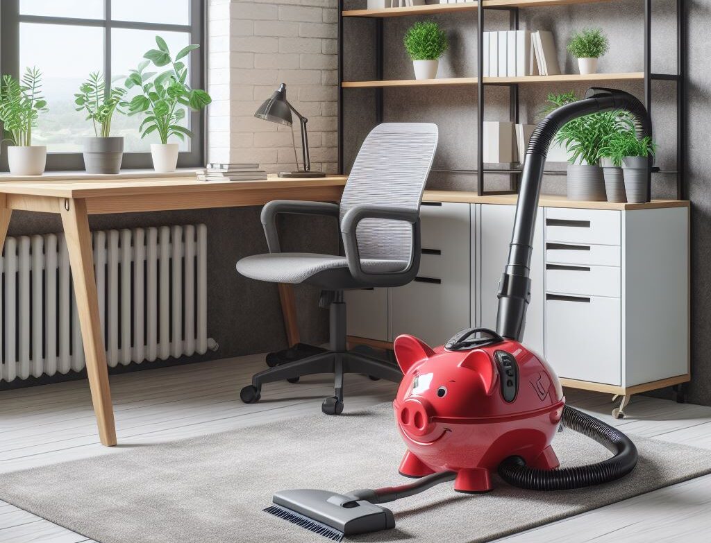 Pokój do pracy albo małe biuro, na dywanie odkurzacz w kolorze czerwonym w kształcie wielkiej świnki skarbonki