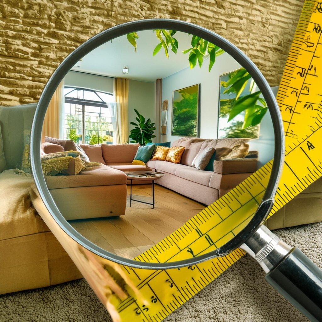 Lupa, pod którą przewija się taśma z obrazkami mebli, środków czyszczących, itp.