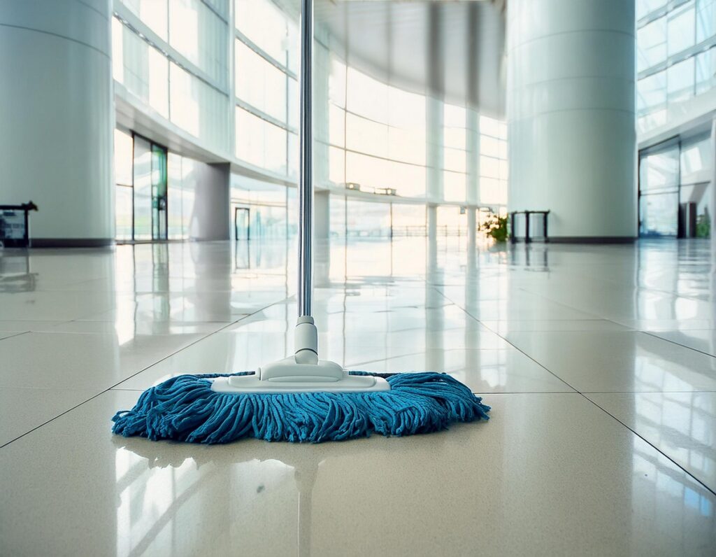 Mop na tle wielkiej hali z piękną czystą posadzką po usłudze serwisu sprzątającego